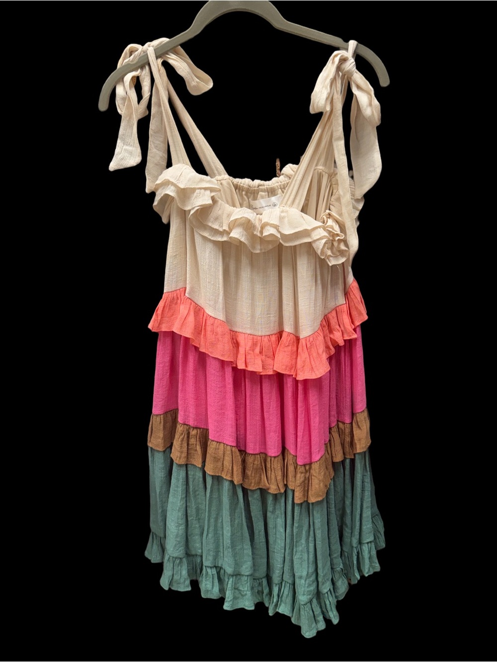 Tiered Ruffle Tie-Shoulder Sundress - Cream, Coral, Pink, Brown & Teal